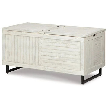 Rustic Storage Trunk, Textured Design With Double Hinged Top, Distressed White