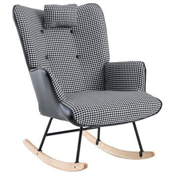 TATEUS 35" Soft Houndstooth Rocking Chair With Solid Wood Base, Black White