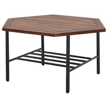 Pearson Modern Wood and Metal Outdoor Hexagon Coffee Table - Dark Brown