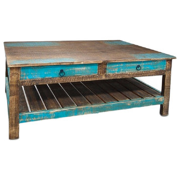 Rustic Distressed Solid Wood Coffee Table With Drawers