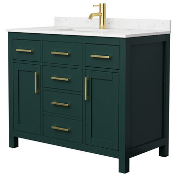 Beckett 42" Green Single Vanity, Carrara Cultured Marble Top, Gold Trim