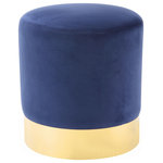 Inspired Home - Madelyn Velvet Round Ottoman With Metal Base, Navy/Gold - This ottoman's round silhouette blends effortlessly into any casual space. It is an accent piece that is sure to enhance the aesthetics of any modern household. Free of unnecessary embellishments, our velvet round ottoman is both a simple and functional piece. It features a glossy metal base design that assures durability without compromising on the appearance. The base is tastefully complemented by its comfortably upholstered top. Whether used as an extra option for seating guests at your next big game screening or kick up your feet as you lounge in your recliner, this ottoman takes up minimal space. Use one or bunch them together to create a luxe vibe in any room. Give comfort and warmth to your home's interior with the fun and functional round ottoman, adding class and comfort to any space in your living room, family room or den.FEATURES: