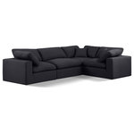 Meridian Furniture - Comfy Upholstered L-Shaped Modular Sectional, Black, 4-Piece: 1 Armless Chair, 3 Corner Chair, Linen Textured Fabric - Give your space a whole new look with this black Comfy linen textured fabric sectional. This handsome sectional fits nicely with other items in the Comfy collection and is a versatile seating option designed for adaptability, comfort and style. Wrapped in rich black durable linen textured fabric upholstery, this sectional offers a plush embrace of overstuffed down feather cushions, carefully crafted to deliver the highest level of comfort. The perfect seat for creating an oasis for relaxation, this sectional has thick foam surrounding its frame for added support and coziness.