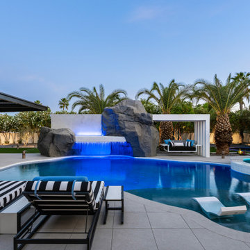 Contemporary Outdoor Escape in Scottsdale Spa, Outdoor Bar & Luxury Waterfall