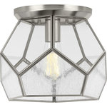 Progress Lighting - Cinq Collection Brushed Nickel 1-Light 12" Flush Mount - Inspired by modern geometric designs and contrasting elements, this bohemian-style flush mount is an attention-grabber for all the right reasons. Geometric shapes form from the brushed nickel frame. Glass panels create a shade that holds an industrial light base inside.
