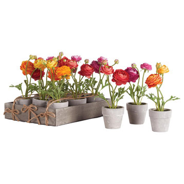 Set 12 Mini Ranunculus Faux Floral Plants in Pots Rustic Gift Pink Orange Flower