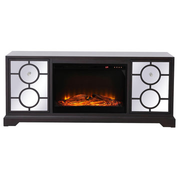 60 In. Mirrored Tv Stand With Wood Fireplace Insert In Dark Walnut
