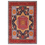 Bareens Designer Rugs - Rustic Mamluk Antoniet Blue/Red Wool Rug - 9'4'' x 12'3'' - With strict standards of craftsmanship and quality of materials used this magnificent hand-knotted rug features a Mamluk design characterized by their unique weave and fine quality wool. Made for the Sultans in the 15th Century, Mamluk hand-knotted rugs devour design and structural characteristics that are based on a unique interplay of geometric forms with beauteous medallions made up of intersecting compartments and subtle layering making it a masterpiece of its own. This magnificent rug made with handspun wool and natural dyes features soft and lustrous, almost silk-like wool which gives it an elegant royal look. The breath-taking color pallet with an intricate geometric Mamluk design brings a rich form of cultural art to any decor. The unique hand-knotted rug narrates an archival story of the Mamluk Sultans and the Ottoman Empire bringing a rich sense of history, elegance, and sophistication in any decor.