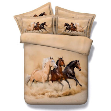3D Bedding, Brown and Black Wild Horses, 4-Piece Duvet Cover Set, King