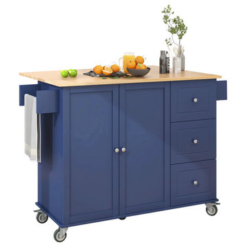 Multifunctional Kitchen Island Cart, Natural Wood Top With Drop Leaf, Dark Blue