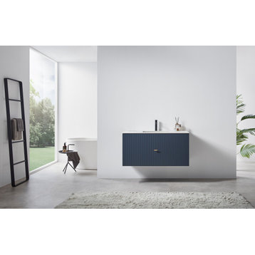 BARCELONA Wall Mount Modern Bathroom Vanity, Dark Blue, 42"