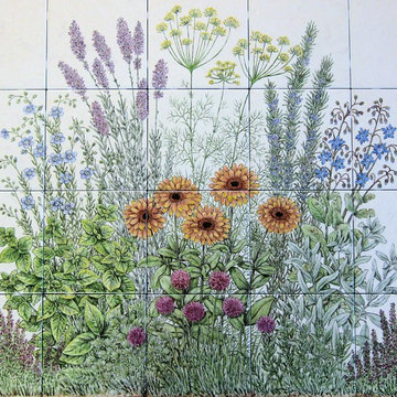 "Flowering Herb Garden" decorative kitchen backsplash tile mural