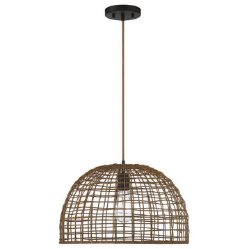 1-Light Pendant, Black With Natural Brass Accents, Dark Rattan