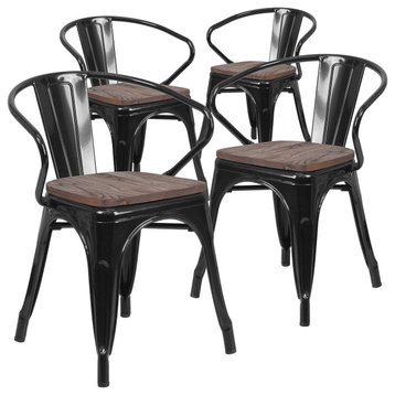 Set of 4 Stackable Dining Chair, Wooden Seat & Curved Back, Black