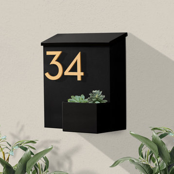 Greetings Wall Mounted Mailbox + House Numbers, Lock Included, Outgoing Flag, Black, Brass Font