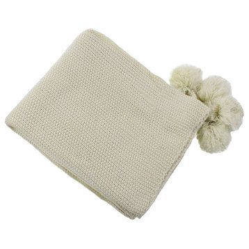 Chunky Knit with Pom Pom Design Solid Color Throw Blanket, 50"x60", Natural