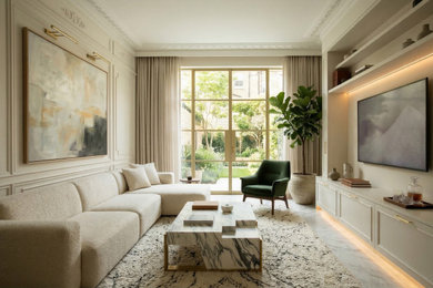 Living room - mid-sized transitional formal and enclosed marble floor and wall paneling living room idea in Miami with a media wall