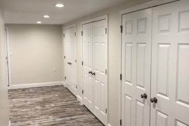 Basement - large modern laminate floor and gray floor basement idea in Boston