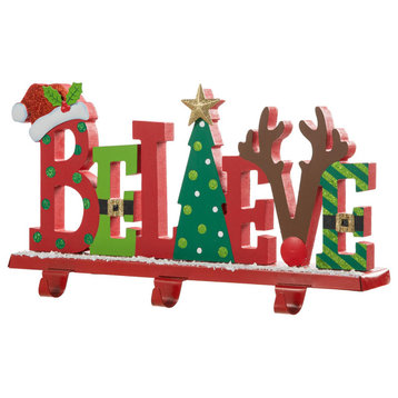 14.5"L Wooden/Metal "BELIEVE" Christmas Stocking Holder
