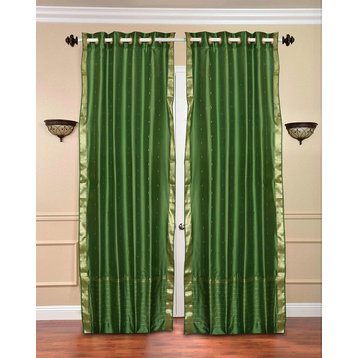 Forest Green Ring Top  Sheer Sari Curtain / Drape / Panel   -43W x 120L -Piece