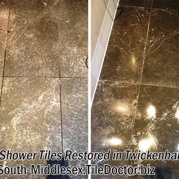 Marble Shower Tiles Restored After Being Etched With Cillit Bang In Twickenham