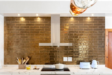 Example of a large transitional eat-in kitchen design in Other with flat-panel cabinets, white cabinets, marble countertops, white countertops and two islands
