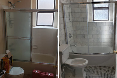 Bathroom - modern master bathroom idea with furniture-like cabinets and dark wood cabinets