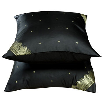 Black- 2 Decorative handcrafted Sari European Pillow Cover, Euro Sham 26" X 26"