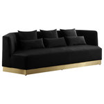 Meridian Furniture - Marquis Velvet Upholstered Set, Black, Sofa - Revamp your living room, den or great room with this Marquis velvet sofa. This handsome piece features a bold contemporary look that's well at home in most modern decor themes. Plump pillows add a little something extra to make you feel extra cozy. Upholstered in soft black velvet, this piece fits in nicely with nearly any other colors in the room, and the brushed gold stainless steel base ensures its up-to-the-minute look.