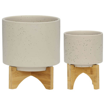 Set of 2, 5" and 8" Planter With Wood Stand, Matte Beige