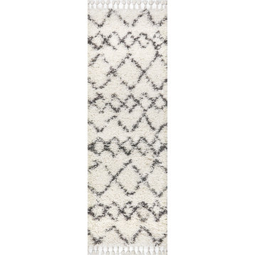 Mercer Shag Plush Tassel Moroccan Tribal Geometric Trellis Area Rug, Ivory/Grey
