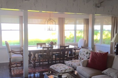Mid-sized elegant formal and open concept dark wood floor and brown floor living room photo in Tampa with white walls