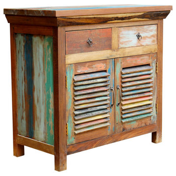 Marina Del Rey Recycled Teak Wood Louvered Linen Cabinet, 2 Doors and 2 Draw