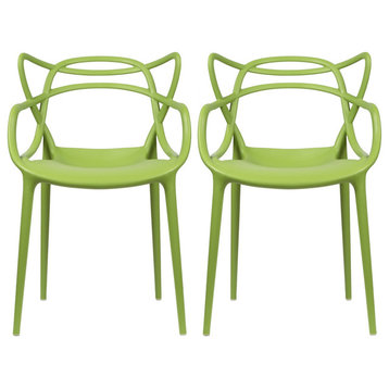 Stackable Molded Plastic Dining Chair With Arms Kitchen Outdoor Modern Set of 2, Green