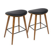 Saddle Mid-Century Modern Counter Stool, Walnut and Black PU Leather, Set of 2