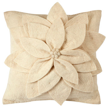 Hand Felted Wool Pillow Cover, Cream 3D Flower on Cream, 20"