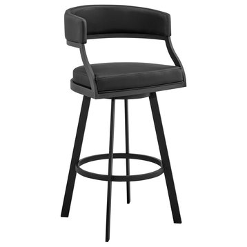 Dione 30" Bar Height Swivel Black Faux Leather and Metal Bar Stool