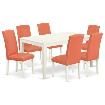 East West Furniture Capri 7-piece Wood Dining Set in Linen White/Pink Flamingo