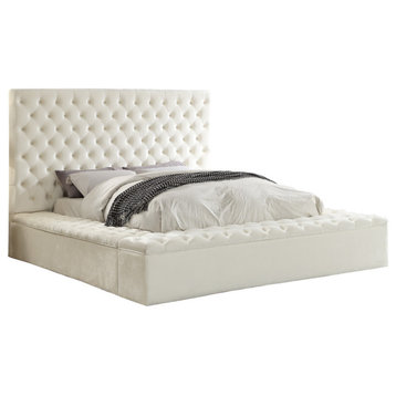 Bliss Velvet Upholstered  Bed, White, Queen