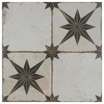 Merola Tile - Kings Star Ara Nero Ceramic Floor and Wall Tile - Imported from Spain, our Kings Star Ara Nero Ceramic Floor and Wall Tile radiates old-world European elegance. Named after the Ara Constellation, this encaustic-inspired tile is a subtle statement piece created by alternating plain and star patterned squares in faded shades of charcoal black and antique white tones. Designed by interior architect and furniture designer Francisco Segarra, this tile is a true reflection of vintage industrial design. Realistic imitations of scuffs and spots that are the marks of well-loved, worn, century-old tile bring rustic charm to any interior setting. These rustic scuffs and spots convince that this tile is truly aged. Available in 9 print variations that are randomly scattered throughout each case, the variation throughout each tile mimics an authentic aged appearance. Save time and labor spent arranging smaller square tiles and instead install these durable ceramic slabs, which have squares separated by scored grout lines. The scored grout lines can be grouted with the color of your choice, or left ungrouted for a rugged finish. It’s durable and glazed features make this tile an ideal choice for indoor commercial and residential use, including kitchens, bathrooms, showers and entryways. Tile is the better choice for your space. This tile is made from natural ingredients, making it a healthy choice as it is free from allergens, VOCs, formaldehyde and PVC.