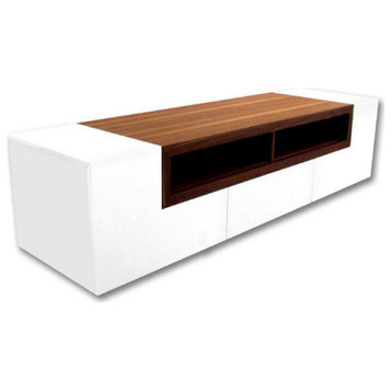 Biagio TV Stand, White High Gloss Lacquer Body With Walnut Accent