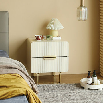 Modern White Nightstand 2 Drawers Bedside Table Gold Finish