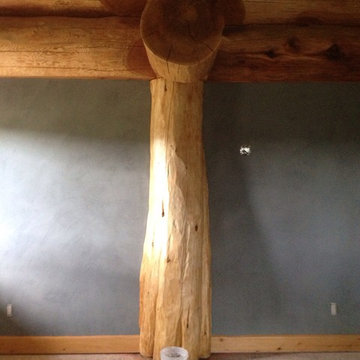 Log cabin Master Bedroom in Bragg Creek done In American Clay Natural Plaster