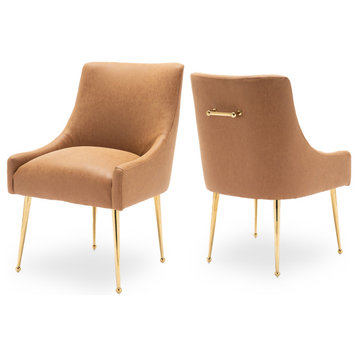 SEYNAR Modern PU Leather Upholstered Dining Chairs Set of 2 with Gold Legs, Brown
