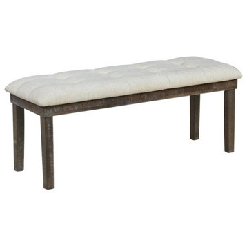 Rustic Dark Oak Dining Bench Upholstered with Beige Linen Fabric