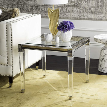 Modern End Table, Tapered Acrylic Legs and Square Glass Top With Silver Detail