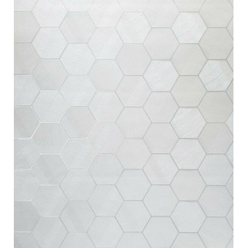 Wallpaper Hexagon white ivory metallic fabric textured, Roll 27 Inc X 33 Ft