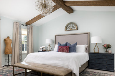 Vaulted Ceiling Beams with Glass Chandelier Master Bedroom