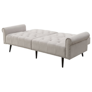 Traditional Futon, Rolled Armrests With Nailhead Trim & Splayed Legs, Beige