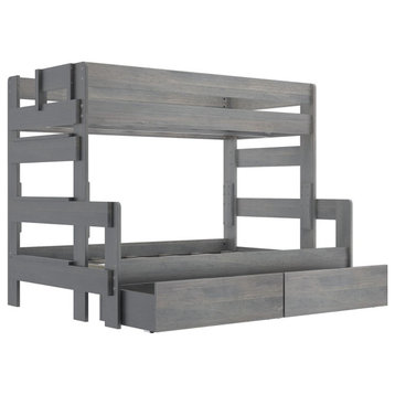 Farmhouse Bunk Bed, Pinewood Frame With 2 Storage Drawers, DriftWood, Twin/Full